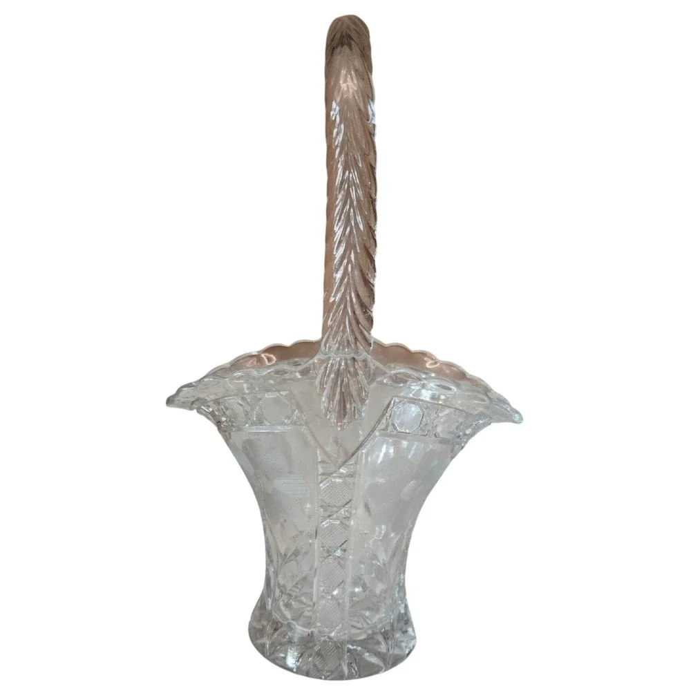Vintage Etched Crystal Glass Basket Twisted Handle Scalloped Floral Diamond Cut
